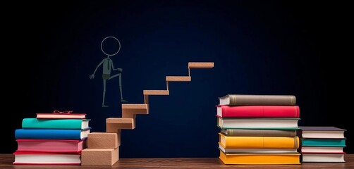 A figure ascends a staircase constructed from stacked books, symbolizing educational achievement,  journey,  higher education