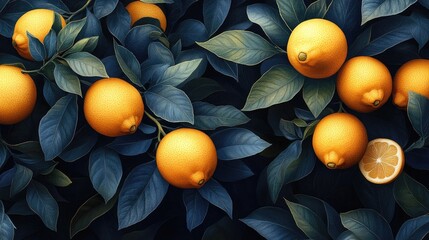 Vibrant lemons on lush branches.