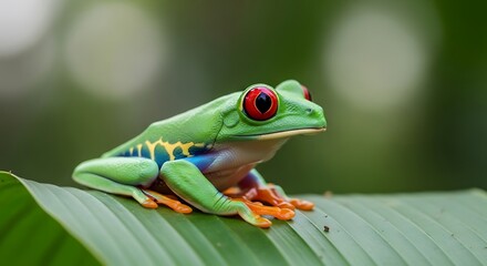Obraz premium Red-eyed tree frog resting on a leaf in the rainforest with vibrant colors, a stunning macro shot
