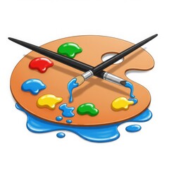 Art palette with brushes and paint isolated on white background