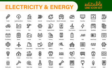 Electricity and energy supply icons. Set of wiring tools, LED lights, socket and switch, extension board, circuit box, and smart electricity meter illustrations.