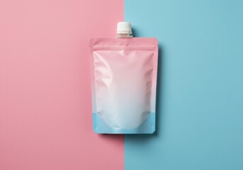 Pouch package on pink and blue background