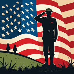 American soldier silhouette with USA flag in the background