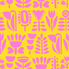 Pink silhouette flowers on a yellow background. Seamless pattern.