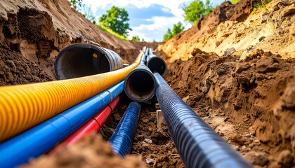 Underground utility trench with various colored pipes