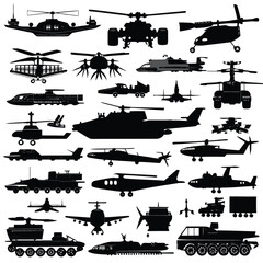 Set of military vehicle and tank silhouettes with ship and boat illustrations for transport and war icons