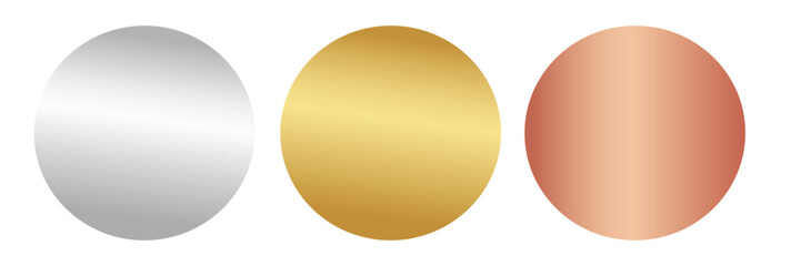 Medals logo collection. Set of shiny round awards in gold, silver and bronze metallic colors. Luxury frames, decoration emblems. Isolated abstract graphic design template