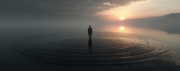 Full presence through mental reset concept. A solitary figure stands in tranquil water at sunrise.