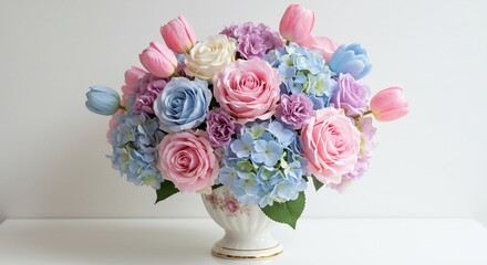 Obraz premium 優美なパステルカラーの花束 柔らかな光で輝くバラとチューリップ. AI Generated