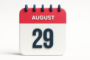 Calendar Page Mockup Displaying August 29th Date Reminder with Red and White Design for Important Day Notification