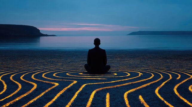 Full presence through mental reset concept. A tranquil moment of meditation by the serene coastline at dusk.
