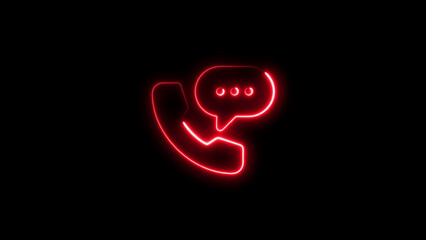 Glowing red neon telephone icon with a chat bubble and speech bubbles against black backdrop