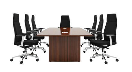 Conference room setup with table and chairs on white background