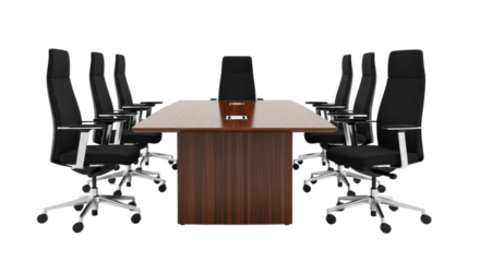 Conference room setup with table and chairs on white background