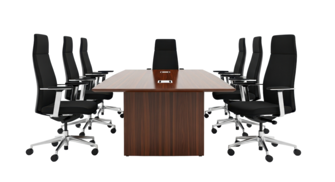 Conference room setup with table and chairs on white background