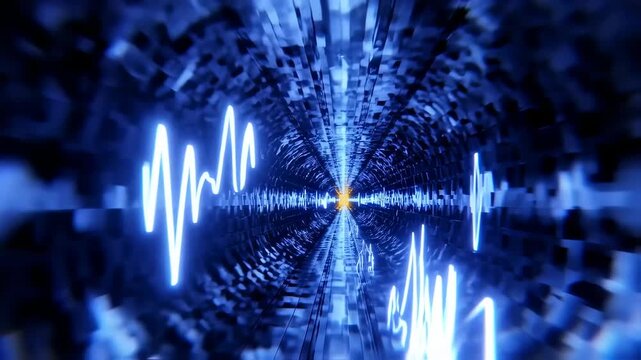 Abstract blue light tunnel with electrical pulse animation for science and technology background 50