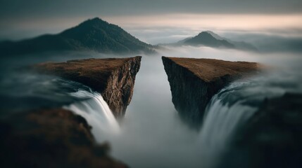 A surreal landscape with two separated cliffs surrounded by misty waterfalls and distant mountains under a moody sky.