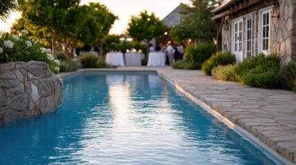 luxury labor day pool party, fashionable labor day pool party at luxurious suburban home features diverse professionals in stylish swimwear, sophisticated poolside dining, and elegant architecture and