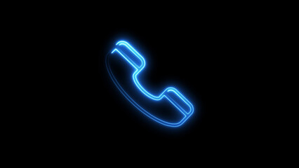 Illuminated blue neon telephone icon against a deep black background for communication