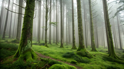 A peaceful forest scene featuring tall trees draped in vibrant green moss, showcasing nature's beauty