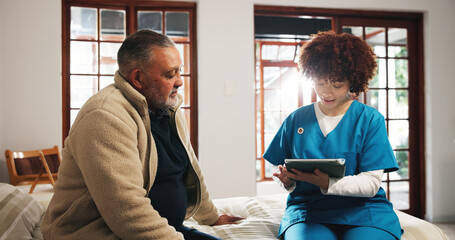 Senior man, caregiver and consulting with tablet on bed for schedule activity in retirement home....