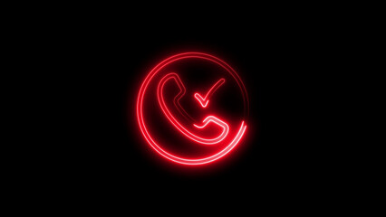 Fototapeta premium Neon red phone icon with checkmark symbol glowing against a black background