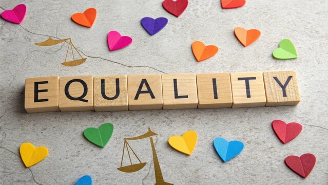 Equality spelled out with wooden blocks, surrounded by colorful hearts and scales of justice for a fair world.