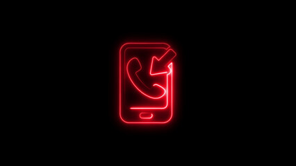 Glowing red neon incoming call icon on smartphone isolated against a black background