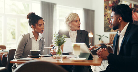 Meeting, coffee and business people in cafe with documents and tablet for investment planning. Cappuccino, discussion and team of finance advisors with manager for stock market research in restaurant