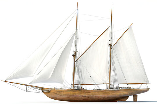 A classic two-masted sailing yacht with white sails fully deployed, showcasing its elegant design against a plain background.