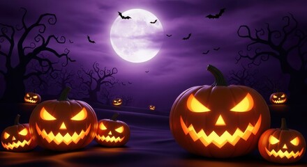 Spooky pumpkins under moonlight scene