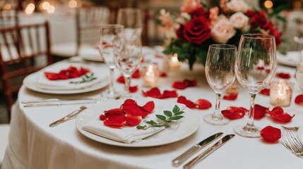 Elegant table setting with red rose petals, wine glasses, and floral centerpiece, creating a romantic ambiance for a special occasion or celebration.
