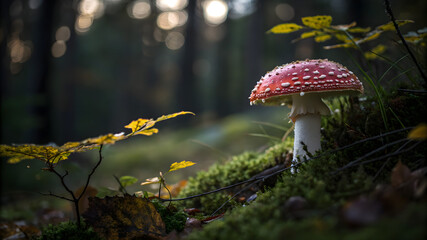 A vibrant red mushroom growing on the forest floor, surrounded by green foliage and soft earth