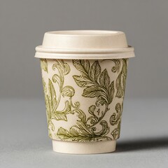 Decorative paper coffee cup with green leaf pattern, grey background.