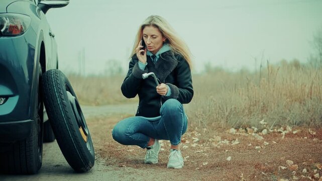 Woman talks on phone next to flat tire car