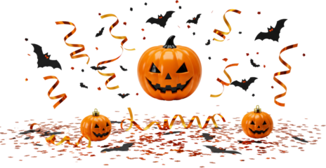 Halloween pumpkins with bats and confetti on transparent background  