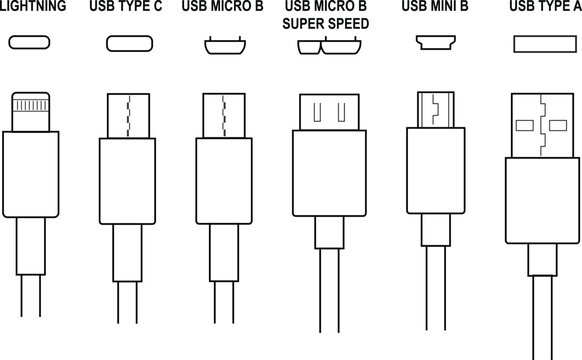 Collection of usb connectors and lightning connector types for charging and data transfer