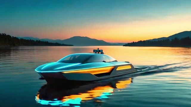 A high-performance speedboat speeding across a calm lake at sunset, with the mountains silhouetted in the background. The boat is illuminated by the warm hues of the setting sun, casting a reflection 