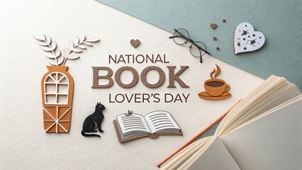 Celebrate National Book Lover's Day with a charming flat lay featuring books, a cat, coffee, and decorative elements.