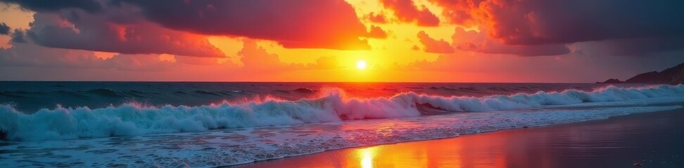Fiery sunrise illuminates powerful waves breaking on beach, shore, dramatic