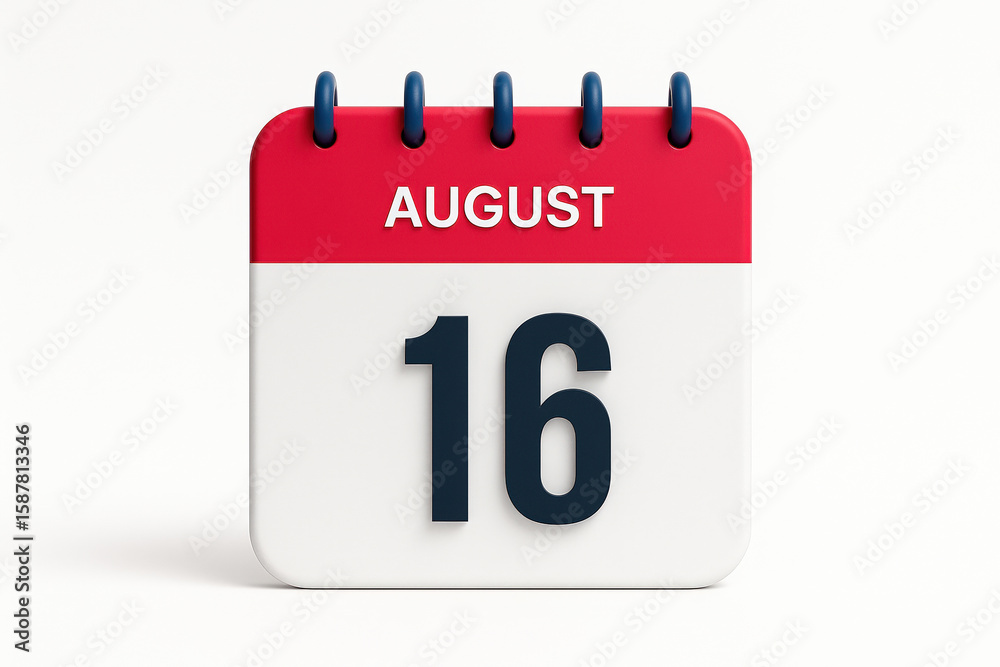 Poster calendar showing august 16th date reminder for important events and schedules in red and white color