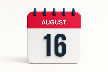 Calendar Showing August 16th Date Reminder for Important Events and Schedules in Red and White Color Scheme on Plain Backdrop