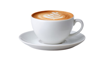 Aromatic coffee in white cup with latte art on saucer, perfect for cozy moment