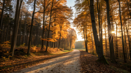 Fototapeta premium A warm autumn sun filters through trees along a forest path, showcasing a tapestry of orange and yellow leaves