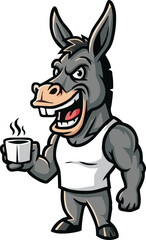 Cartoon donkey character wearing a tank top, holding a steaming coffee cup, with a wide, toothy grin.