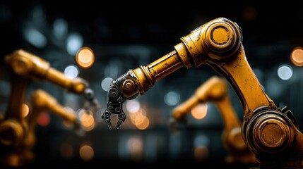 Industrial robotic arms in a factory setting with a focus on a yellow mechanical arm, highlighting automation and technology with a blurred background.