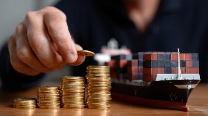 A person stacks gold coins beside a model cargo ship loaded with containers, symbolizing global trade and financial growth.
