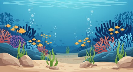 Underwater Scene with Golden Fish and Colorful Coral Reefs Cartoon Style