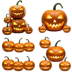 Halloween pumpkins with spooky faces on transparent background  