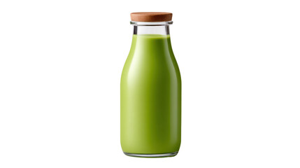 Fresh green smoothie in glass bottle with wooden cap, showcasing vibrant color and healthy appearance